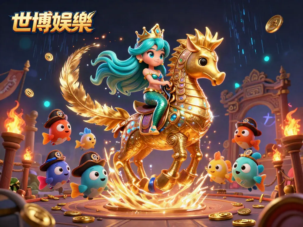 世博娱乐的高清3D卡通插图，展现美人鱼公主与海马对战的奇妙场景，充满活力。