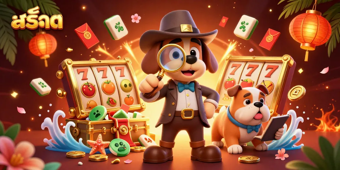 Experience สล็อต in a thrilling detective scene with slot reels and festive elements.