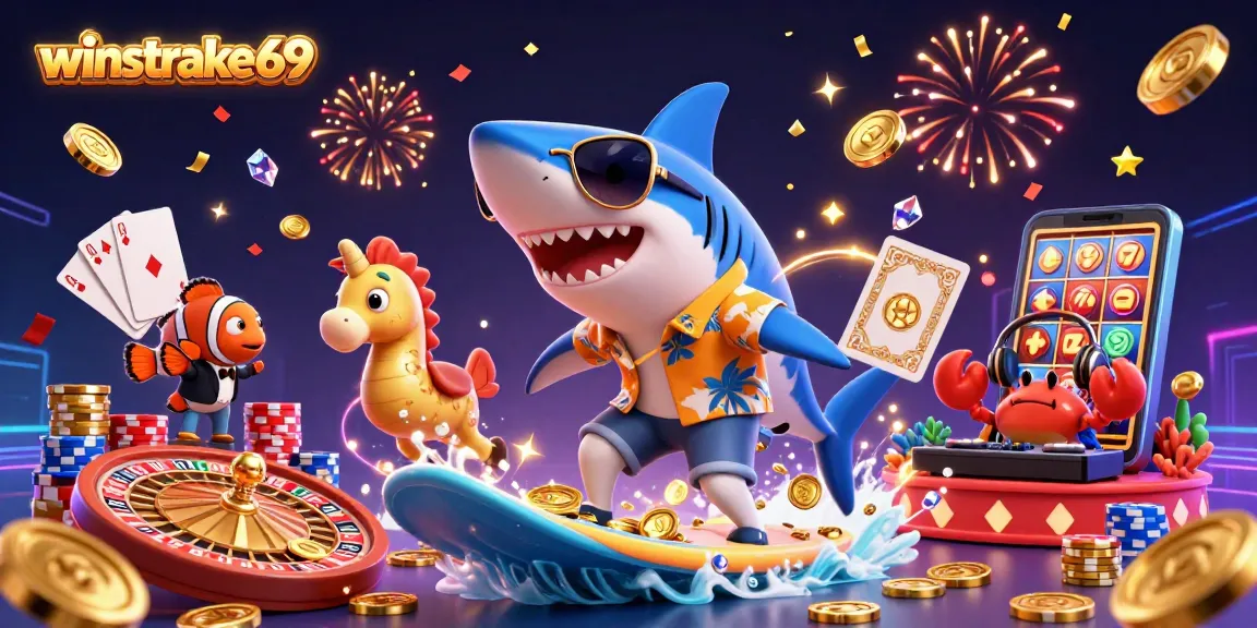 Experience thrilling wins with winstrike69 while watching a cartoon shark surf gold coins amidst vibrant casino elements.