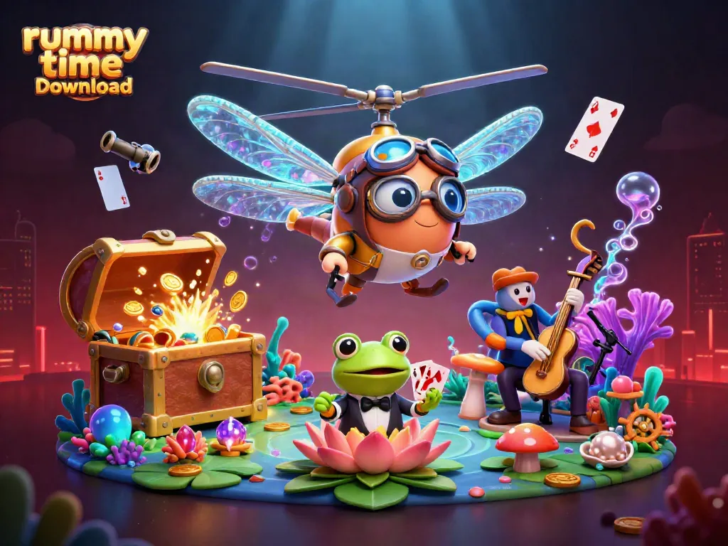 Engage with rummy time download gameplay in a vibrant 3D casino scene featuring dynamic characters and elements.