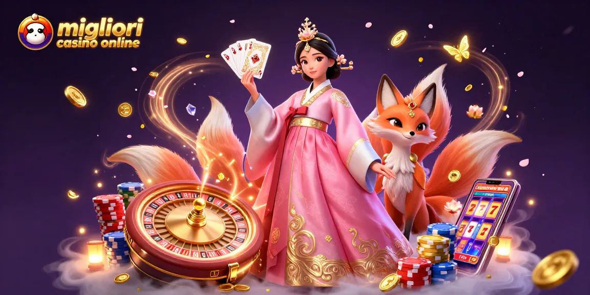 Monete d'oro a cascata e gemme mentre esplori i migliori casinò online con un'elegante donna asiatica e una volpe fortunata.