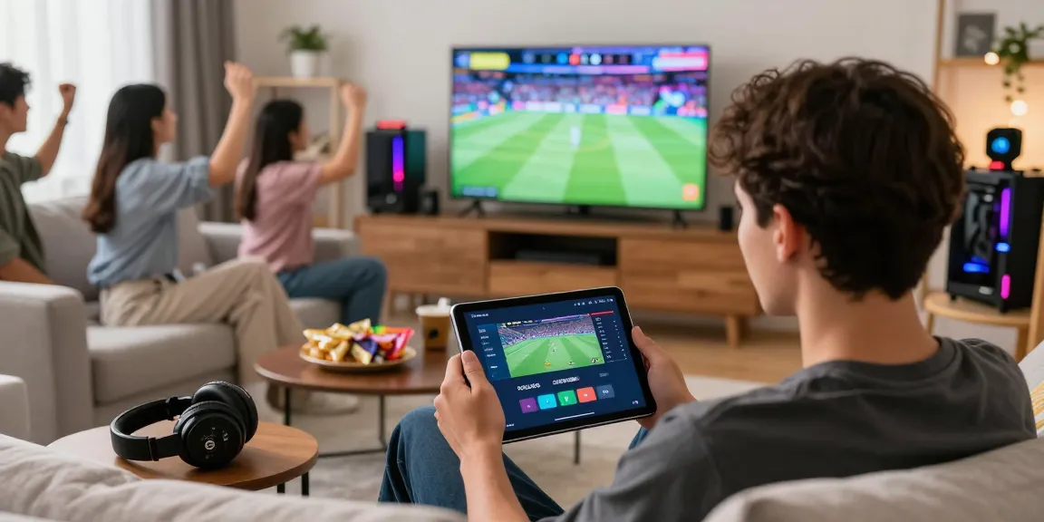 Engaged user exploring Lotus365 gaming platform in a vibrant living room.