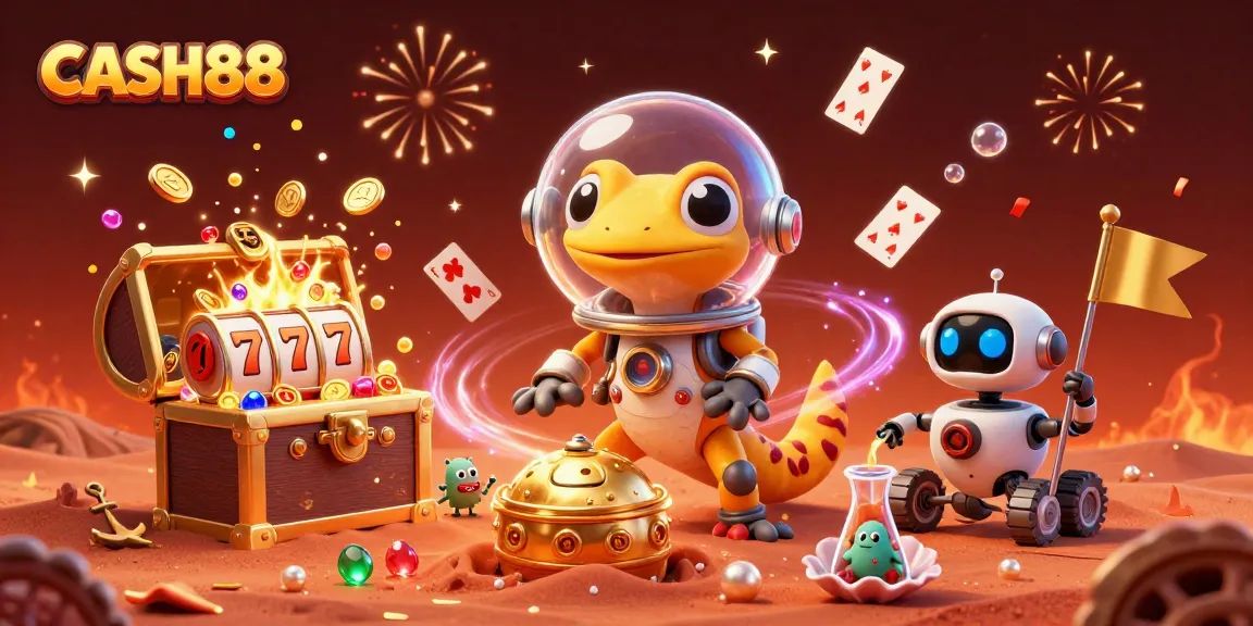 CASH88 unleashes excitement with a 3D Martian gecko exploring a golden casino in a vibrant cosmic scene.