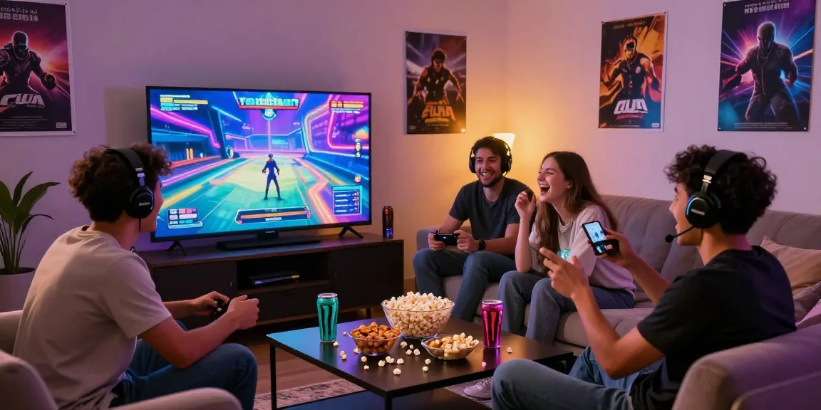 Friends enjoying a hitclub gaming session in a cozy living room with snacks and vibrant graphics on screen.