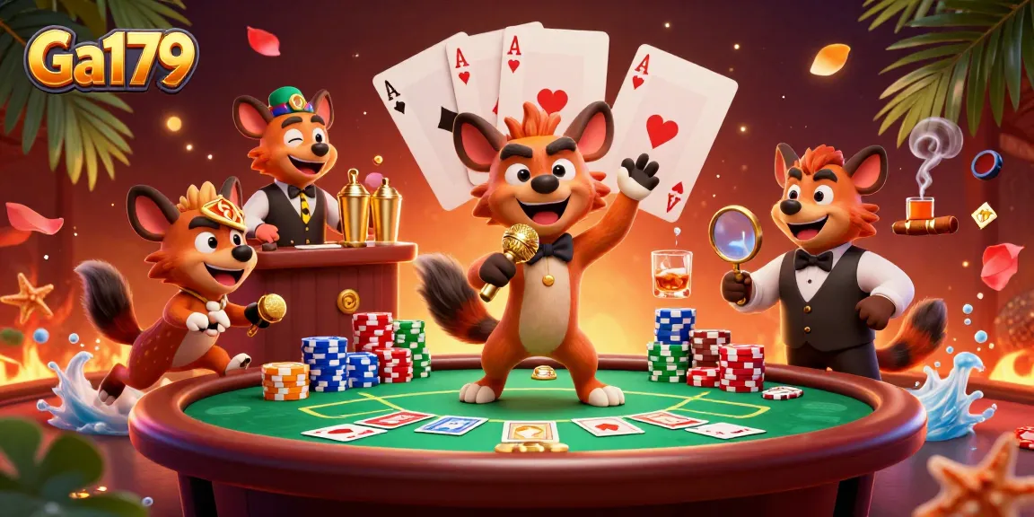 Ga179 hyenas performing comedy acts in a vibrant casino scene, showcasing fun and gambling elements.