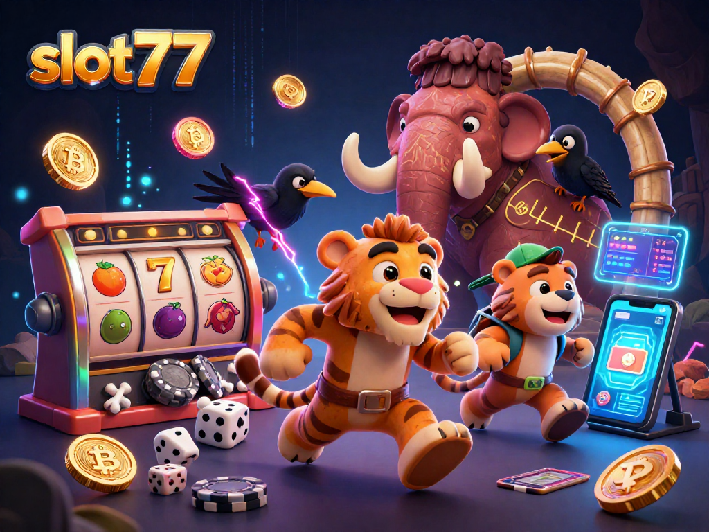 Permainan slot777 menarik dalam ilustrasi kasino prasejarah dengan pemenang besar dan simbol buah.