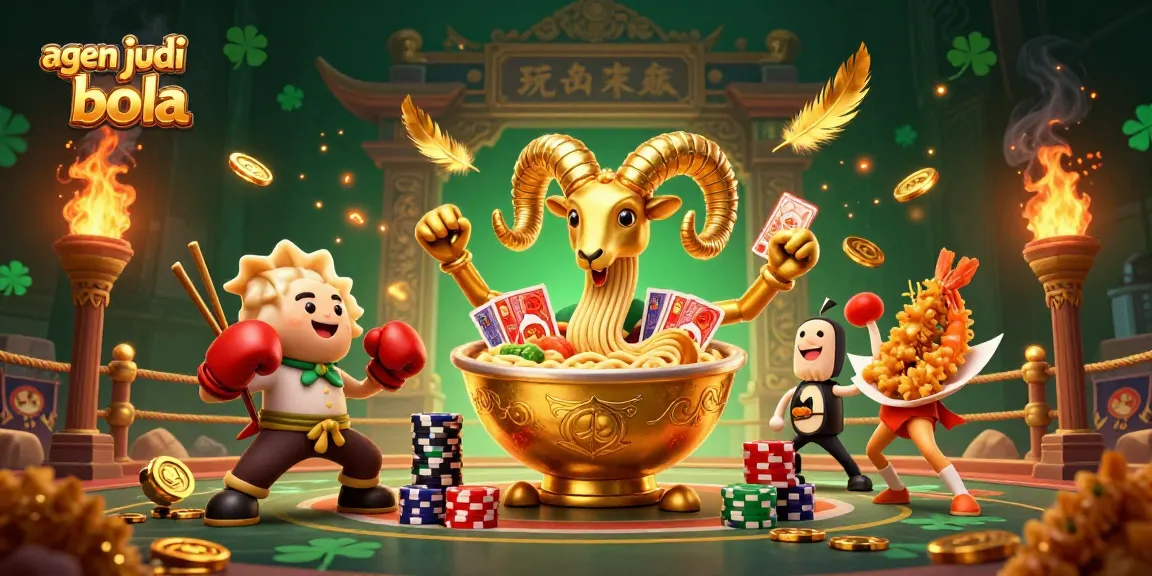 Engage with agen judi bola in this vibrant scene featuring a ramen bowl dealer and sushi roll action.