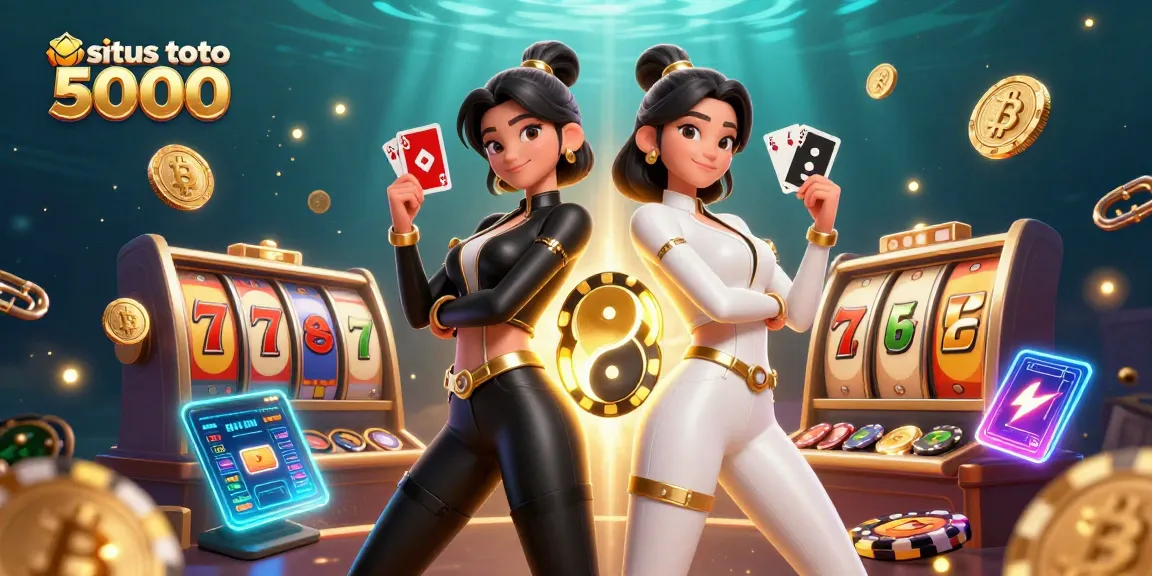 Engage with situs toto 5000 featuring twin Asian women promoting slot games in a vibrant casino setting.