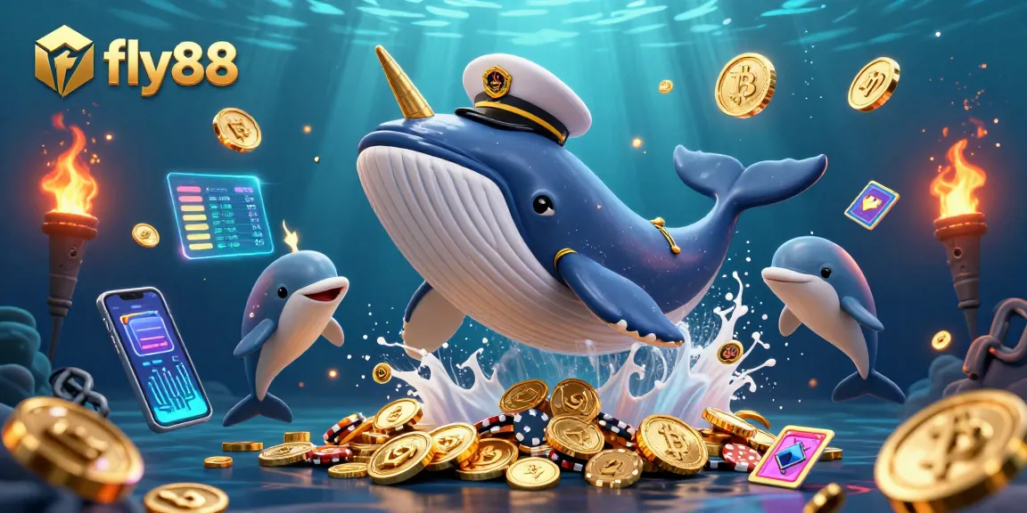 Experience the thrill of gambling with fly88 as playful dolphins and a whale share a sea of coins.