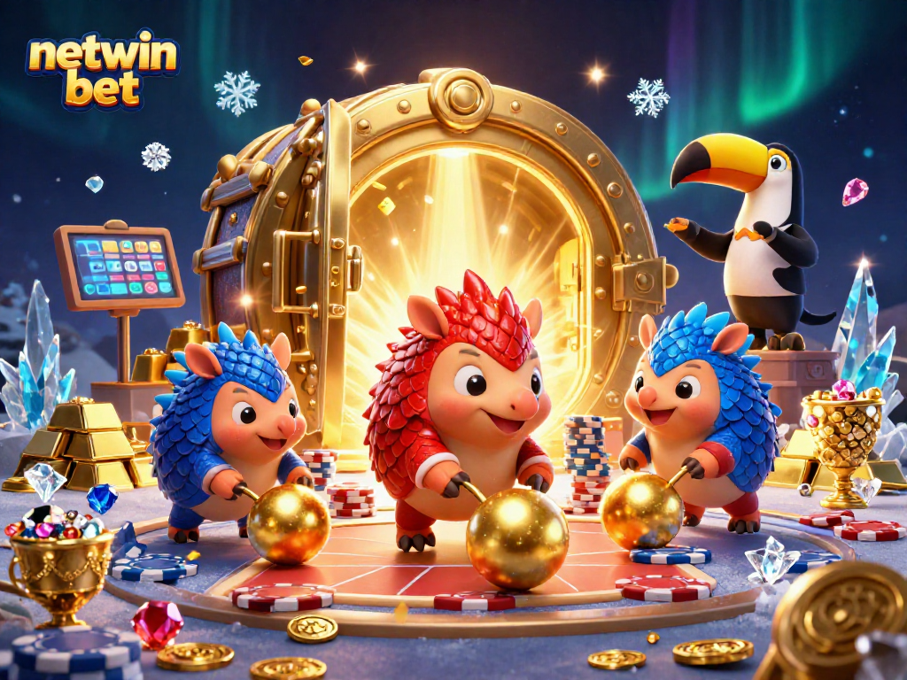 Experience the excitement of netwin bet with a dynamic scene featuring rival pangolins and colorful casino elements.