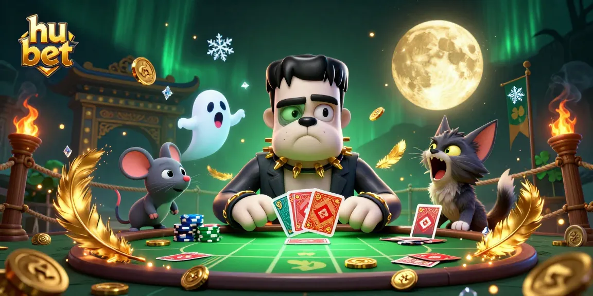 Experience thrilling action at hu bet as a Frankenstein bulldog deals cards amid spooky casino elements.