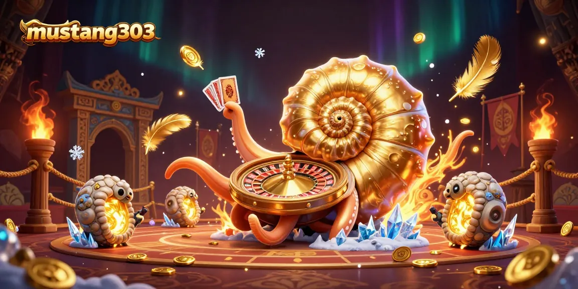 Experience the thrilling action of mustang303 casino with a 3D illustration of a nautilus roulette wheel and glowing ammonites.