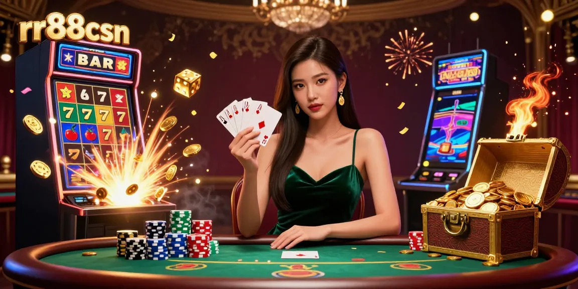 Experience engaging gameplay at rr88csn with a beautiful Asian woman at a poker table surrounded by vivid 3D slot elements.