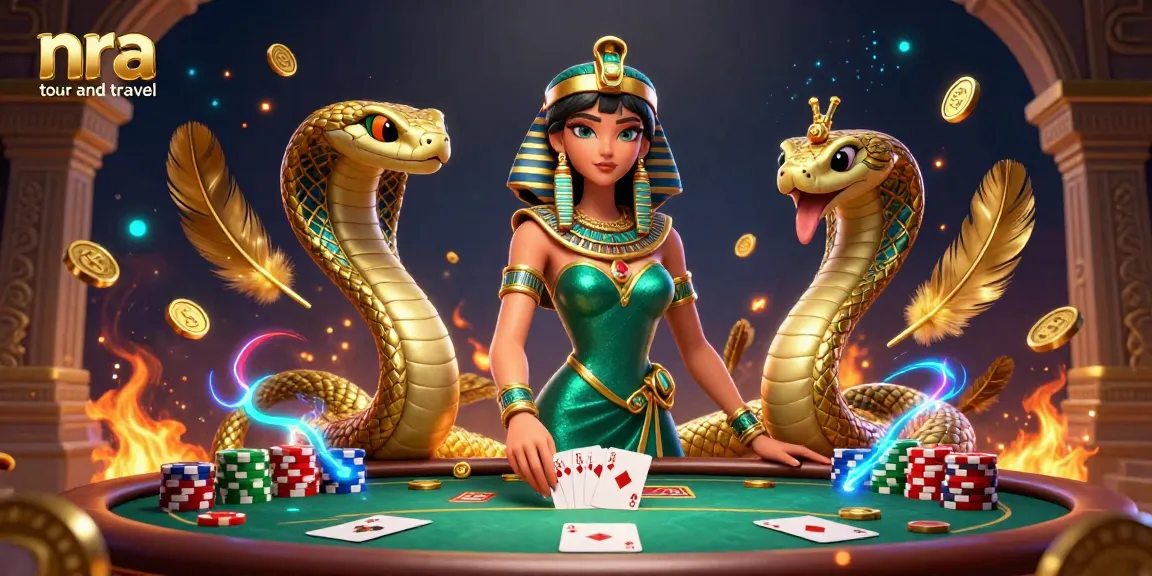 The dynamic scene featuring a stunning woman and golden cobra represents nra tour and travel poker excitement.