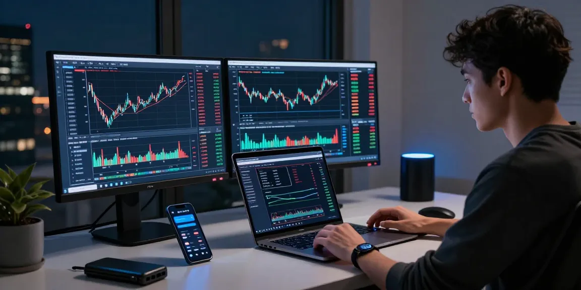Playexch247 trader analyzing cryptocurrency prices and trends in a modern setup with dual monitors and secured hardware wallet.
