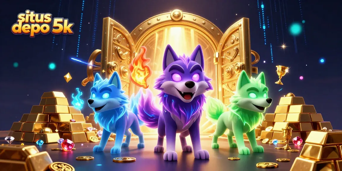 Situs depo 5k showcases a wolf pack leader and ghostly companions amid treasure and swirling lights.