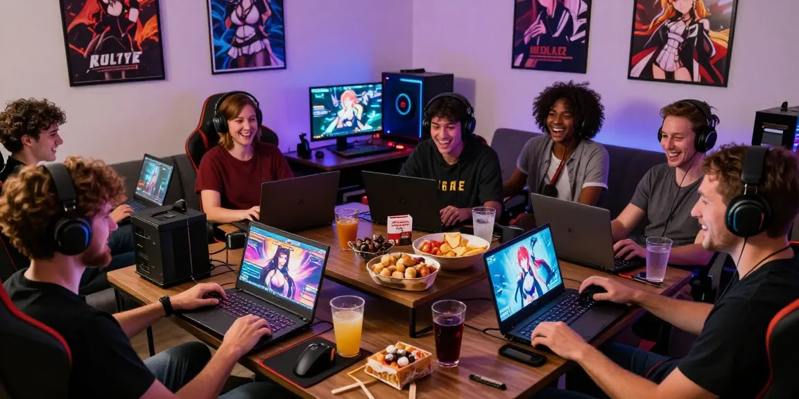 Engaged gamers playing hentai games in a lively gaming den.