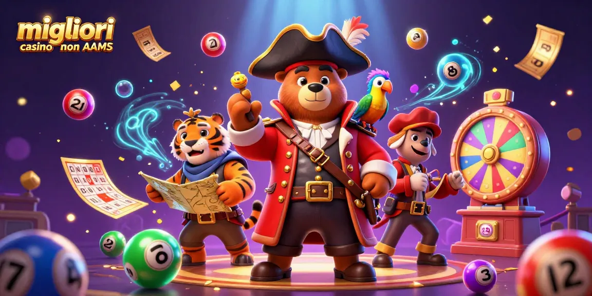 Illustrazione 3D accattivante che mostra i migliori casino non AAMS con un orso pirata capitano, un tigre secondo in comando e elementi festivi della lotteria.