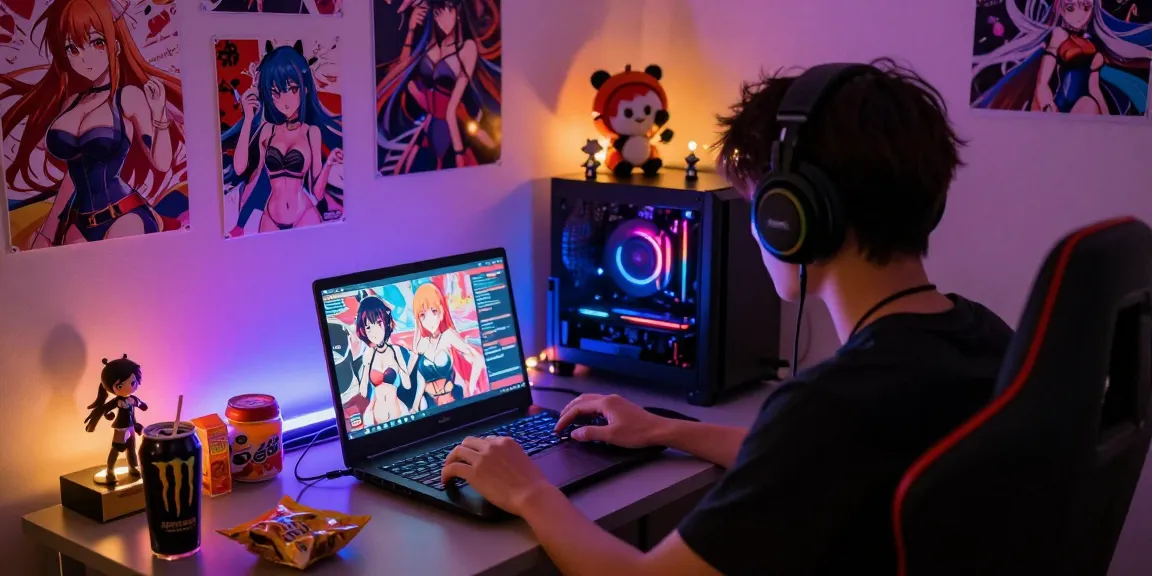 Engaging scene of a player enjoying hentai games on a laptop in a cozy bedroom