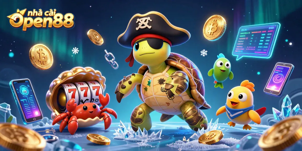 Engage in thrilling games at nhà cái open88 while a turtle and crab celebrate floating treasures.