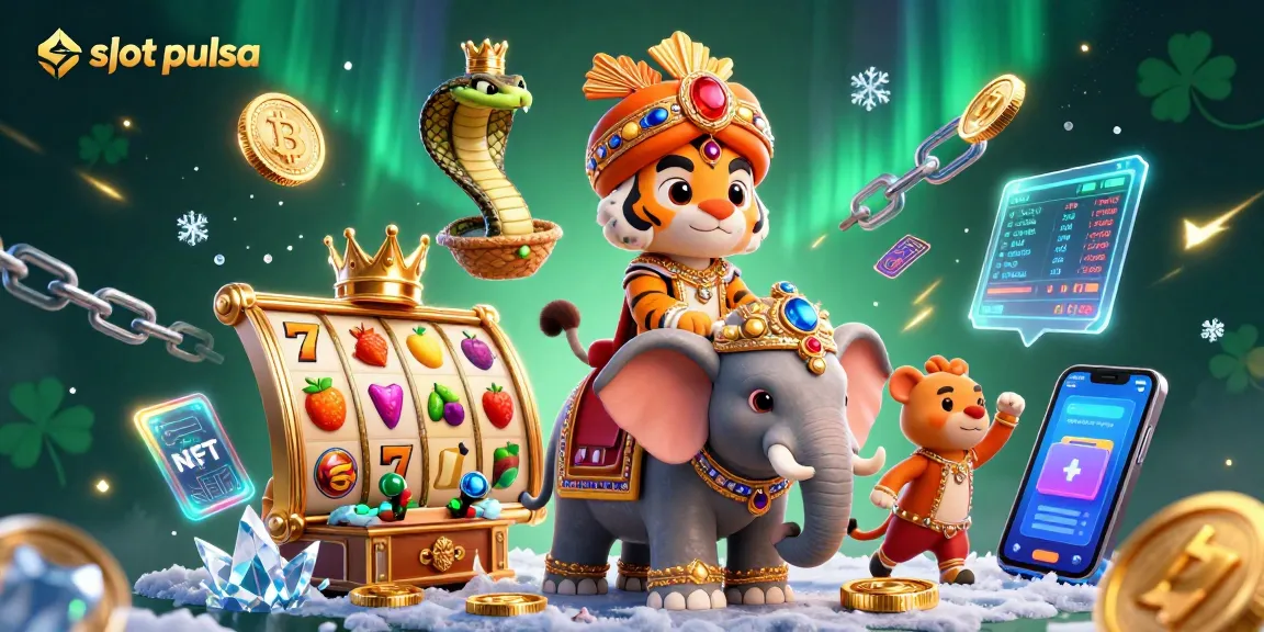 Engage with slot pulsa in this vibrant casino scene featuring a majestic maharaja tiger and treasures.