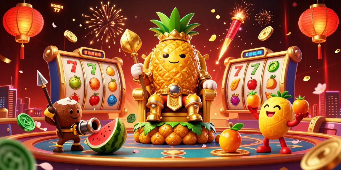 Engage with RONIN 77’s vibrant slot game scene featuring a golden pineapple king and dynamic game elements.