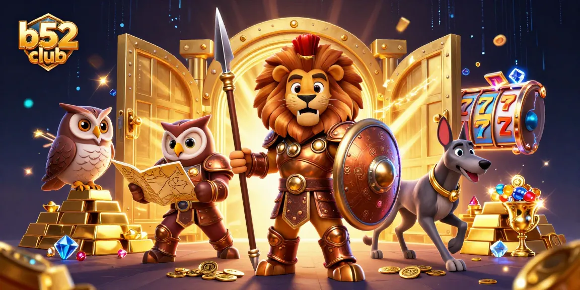B52club players spin the slots amidst treasure, showcasing vibrant gems and gold.