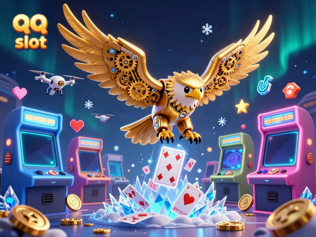 Experience the thrill of qq slot games with a dynamic illustration of a golden eagle diving through holographic cards.