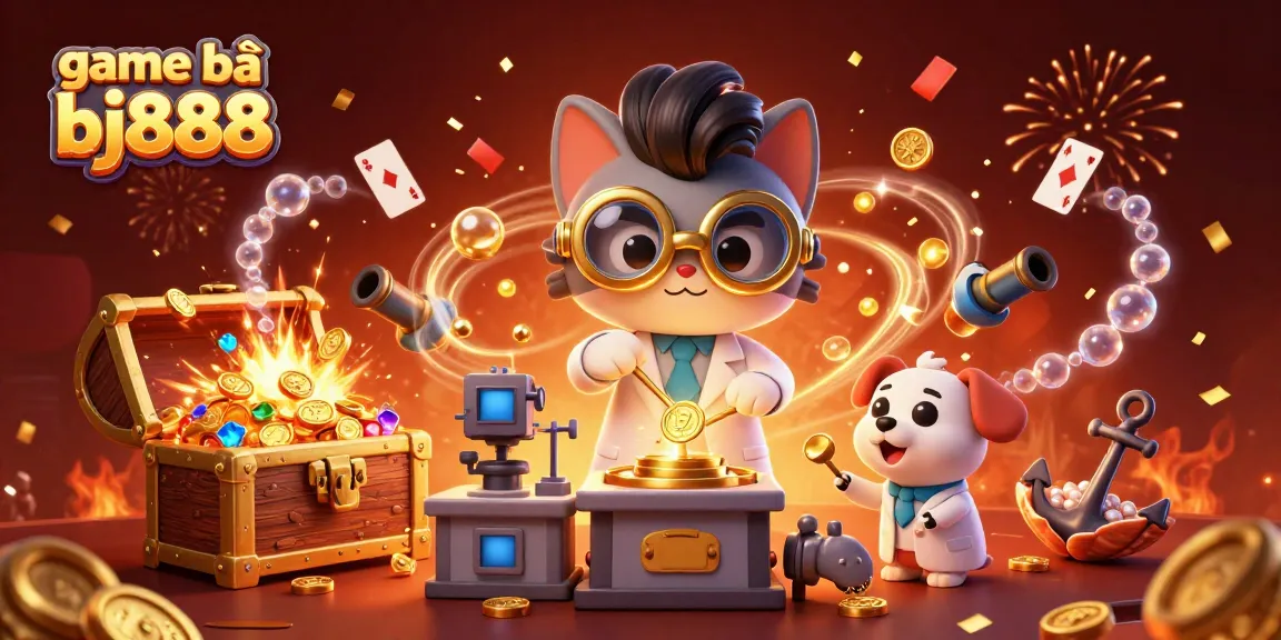 Engage with thrilling game bài bj888 as the mad scientist cat crafts fortune amidst a vibrant golden scene.