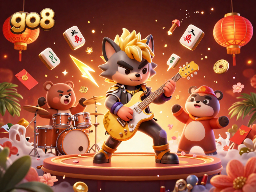 Experience the excitement at go8 with vibrant 3D characters and casino elements in a dynamic gaming scene.