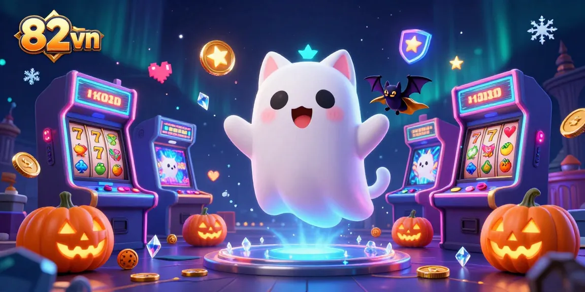 Experience thrilling gameplay at 82 vn with a vibrant casino scene featuring ghostly characters and slot game elements.