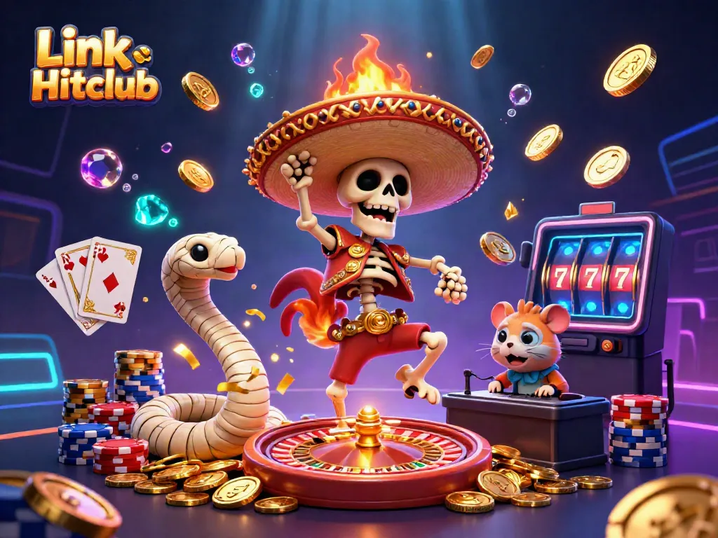 Witness the vibrant scene of Link Hitclub featuring a jubilant 3D mariachi rooster dancing triumphantly on gold coins, exuding playful casino energy.