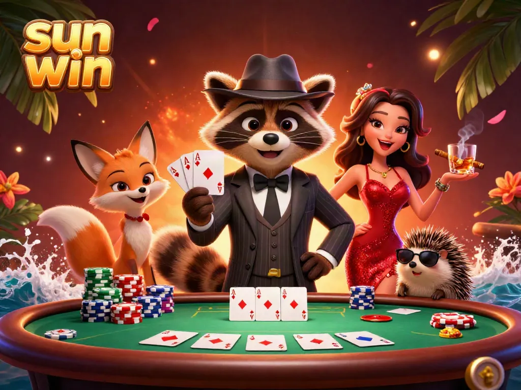 Experience winning hands in the exciting sun win poker scene with playful characters and vibrant casino elements.