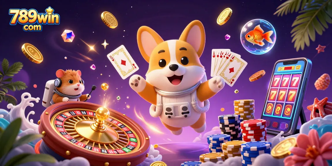 Experience immersive gaming at 789win com as a cartoon astronaut corgi plays in space casino.