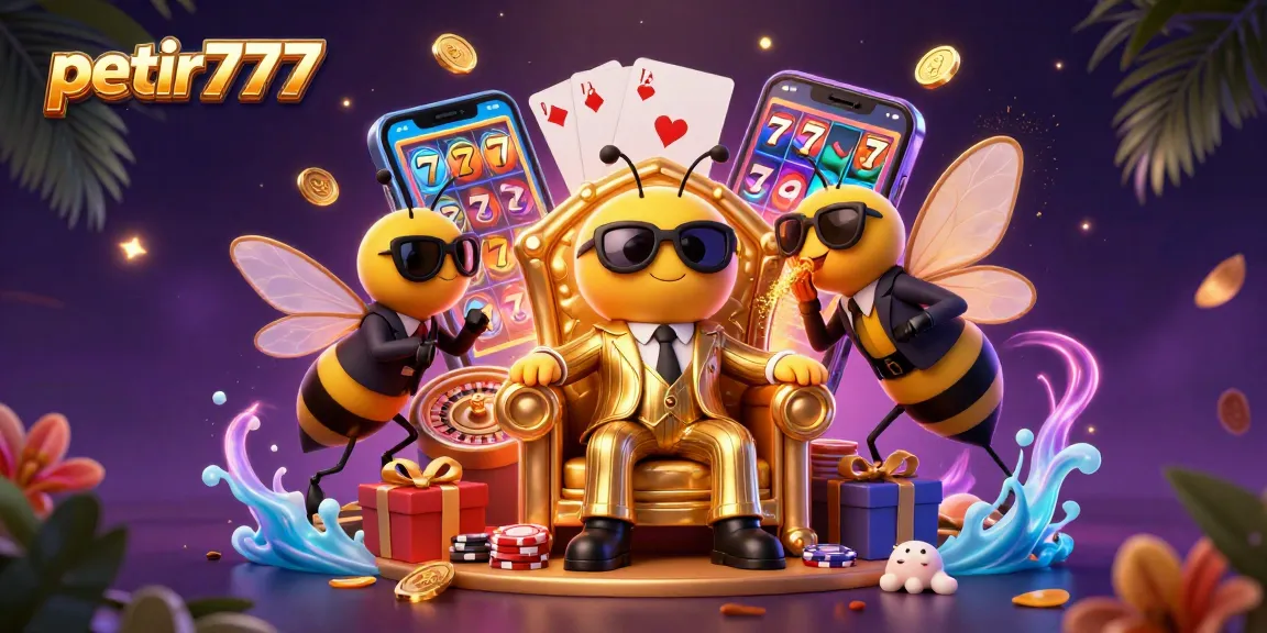 Experience thrilling play at petir777 with an exciting 3D illustration of online gambling elements and characters.