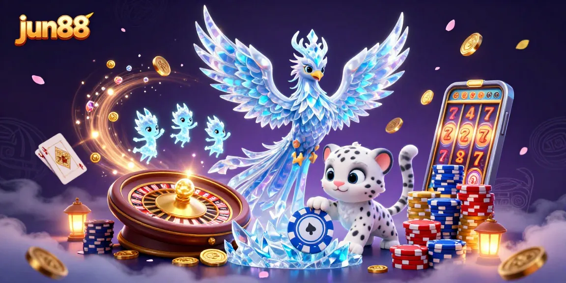 Experience thrilling gaming with jun88, featuring ice phoenix and playful snow leopard in a dazzling casino illustration.