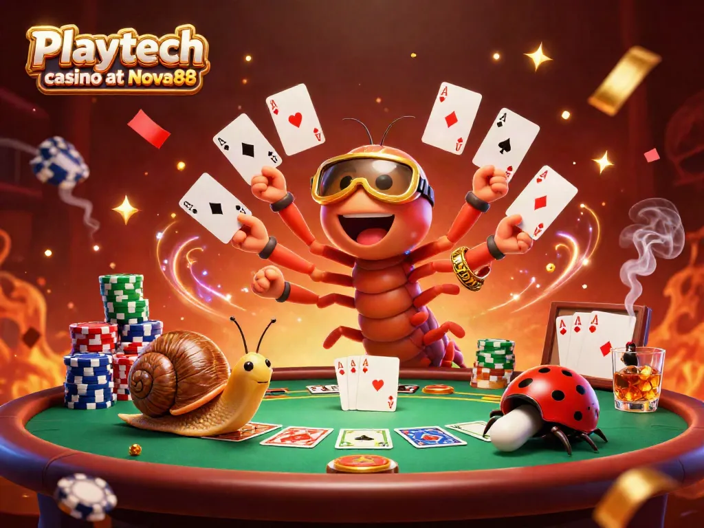 Engaging gameplay at Playtech casino at Nova88 with a cartoon millipede dealer showcasing cards.