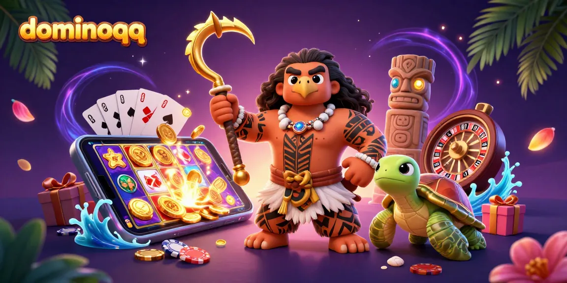Engage in thrilling dominoqq gameplay with a vibrant, animated casino scene featuring characters and elements.