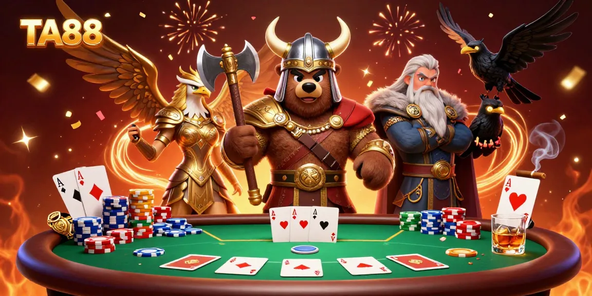Engage in thrilling poker moments with TA88, featuring Viking characters and vibrant casino elements.