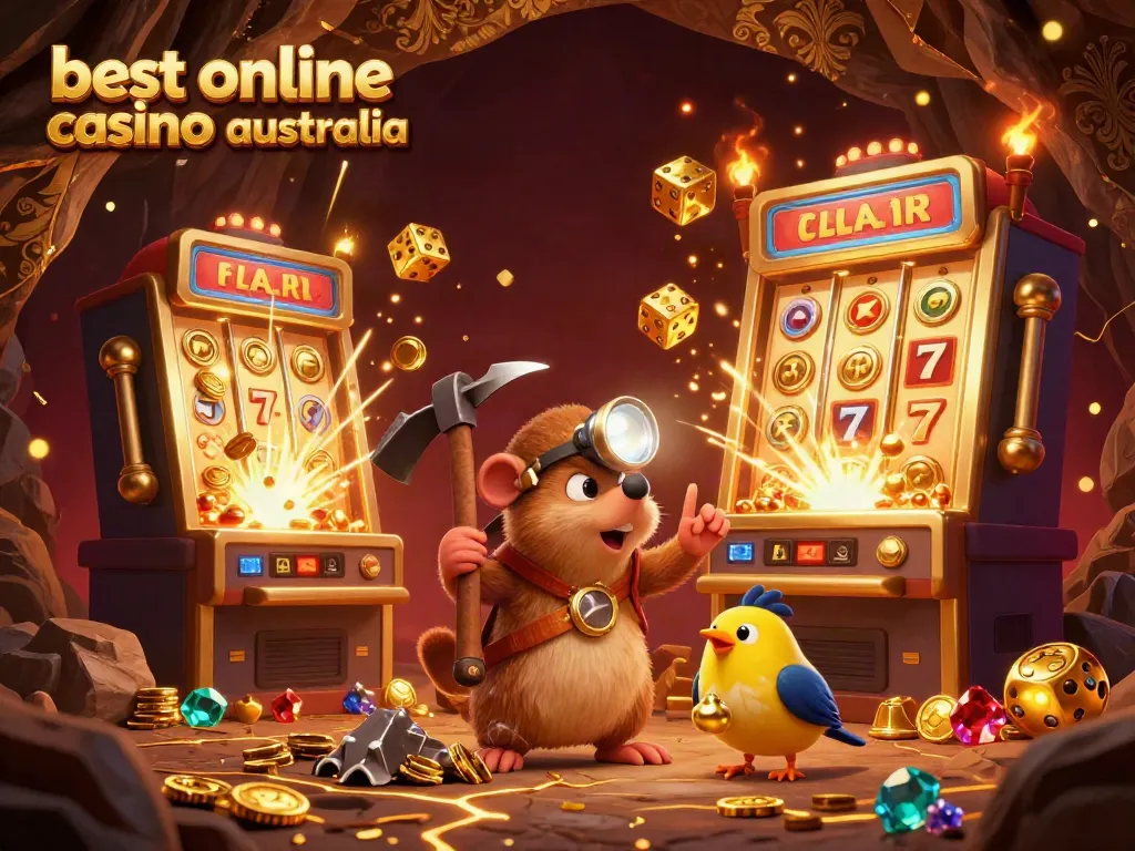 This vibrant scene showcases a treasure hunter mole in a gold-filled cave, emphasizing the best online casino australia with dynamic gaming elements around.