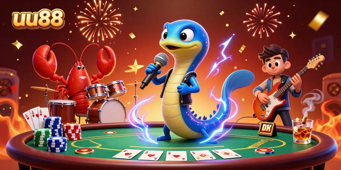 uu88 showcases an electric eel DJ in a vibrant underwater casino scene filled with poker elements.