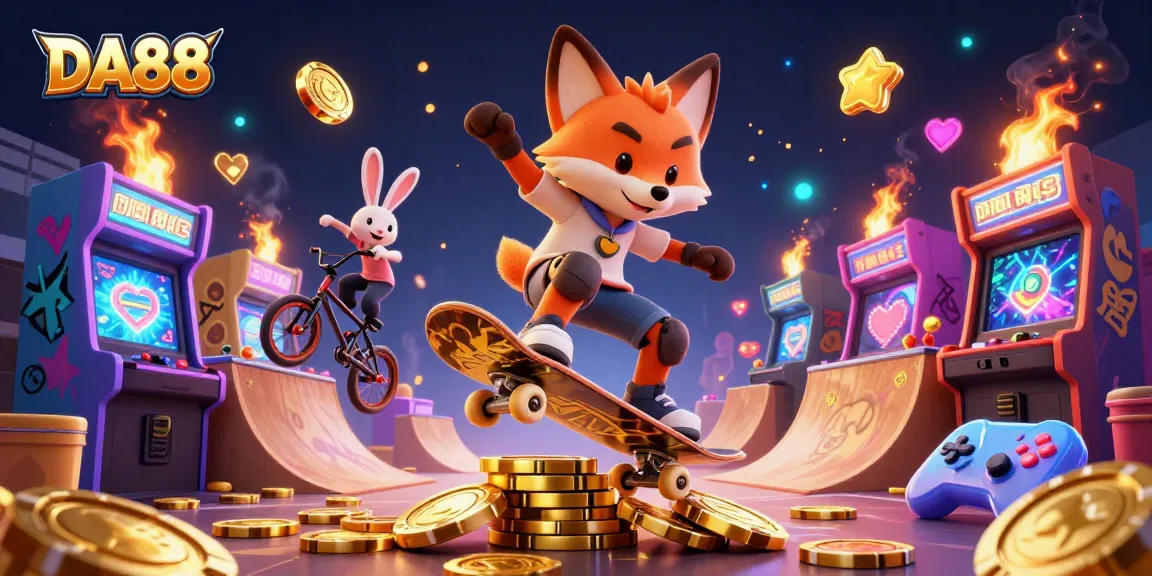 Engage with DA88's vibrant casino world featuring cartoon characters amidst gaming excitement.