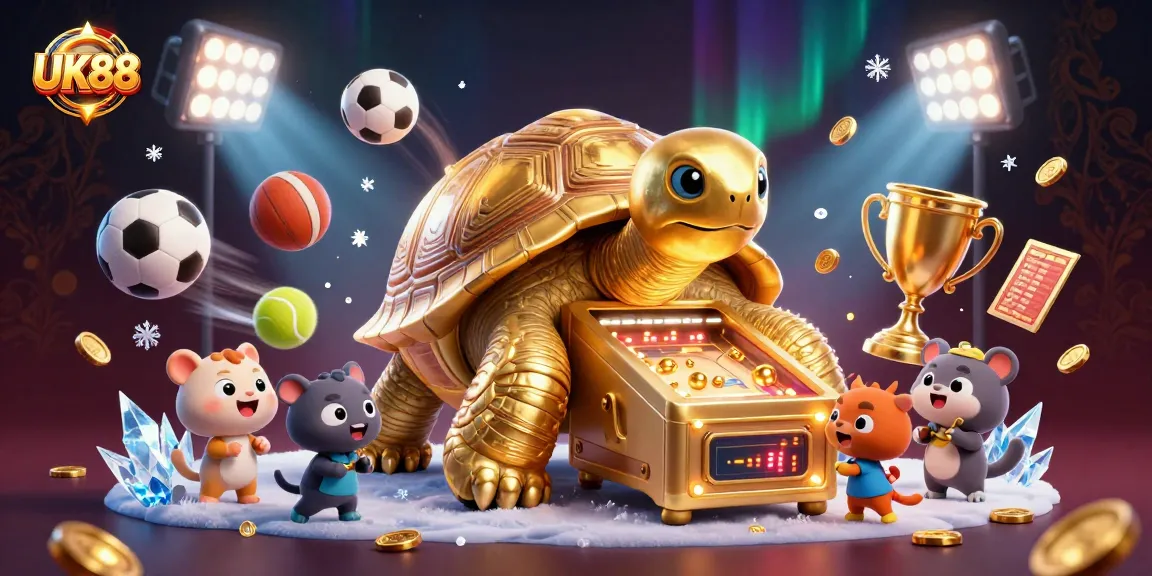 Experience thrilling sports betting gameplay at UK88 with a vibrant golden tortoise pinball machine.