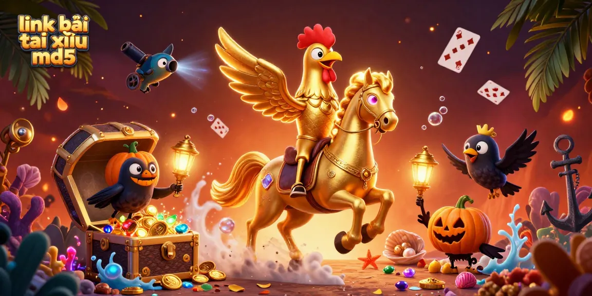 Experience the excitement of link vào tài xỉu md5 with a vibrant casino scene featuring a golden rooster and gems.