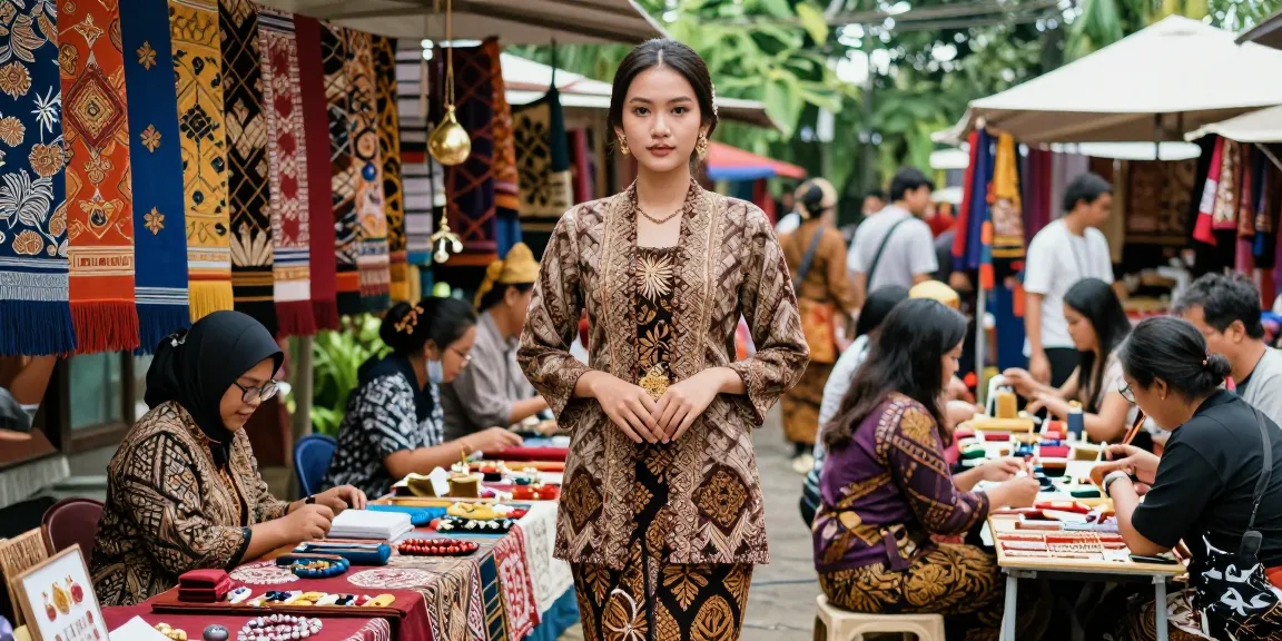 Model mengenakan Batik 88 di pasar tradisional yang meriah dengan kerajinan lokal.