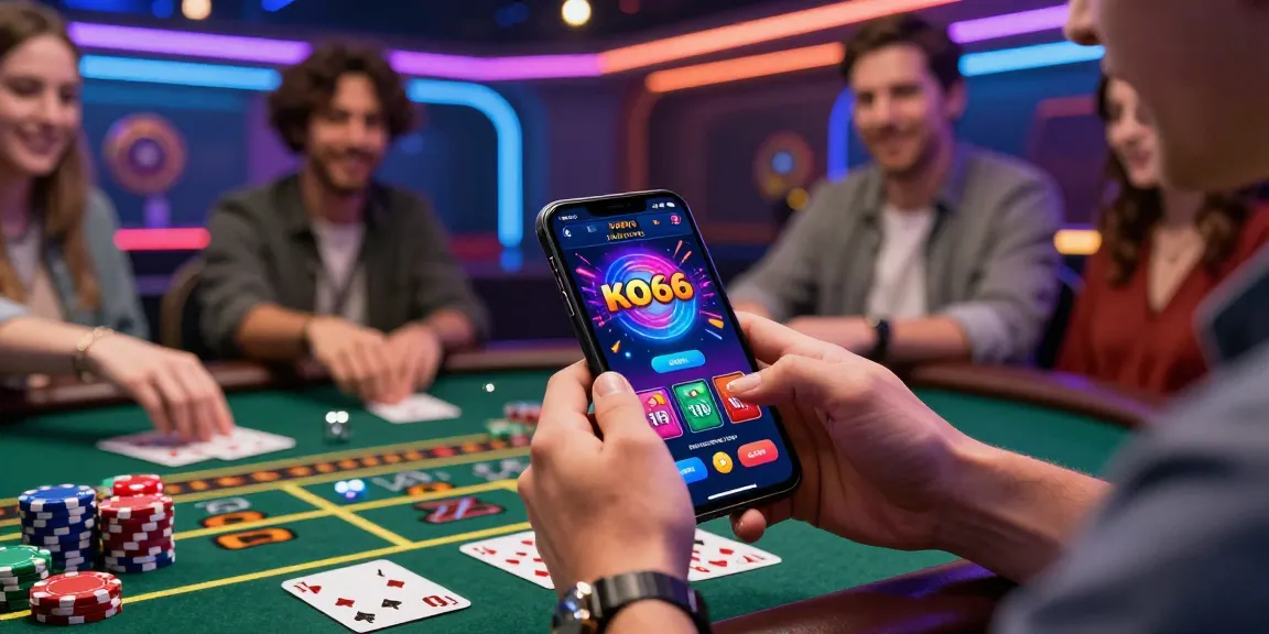 Player enjoying KO66 mobile app in a vibrant online gaming environment with chips and cards.