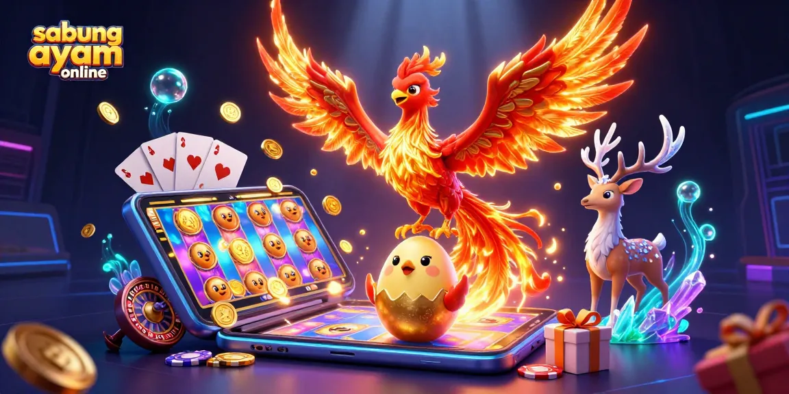 Engage in sabung ayam online with this vibrant 3D illustration showcasing phoenixes and gaming elements.