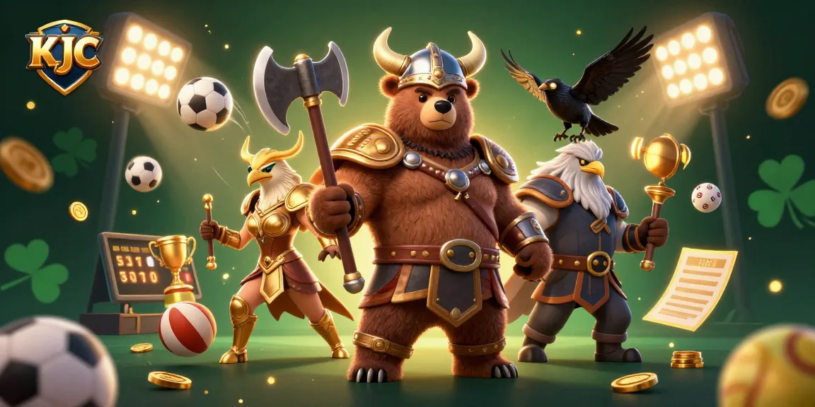 KJC players engaging in exciting bets with a fierce Viking bear and Valkyrie eagle amidst dynamic sports elements.