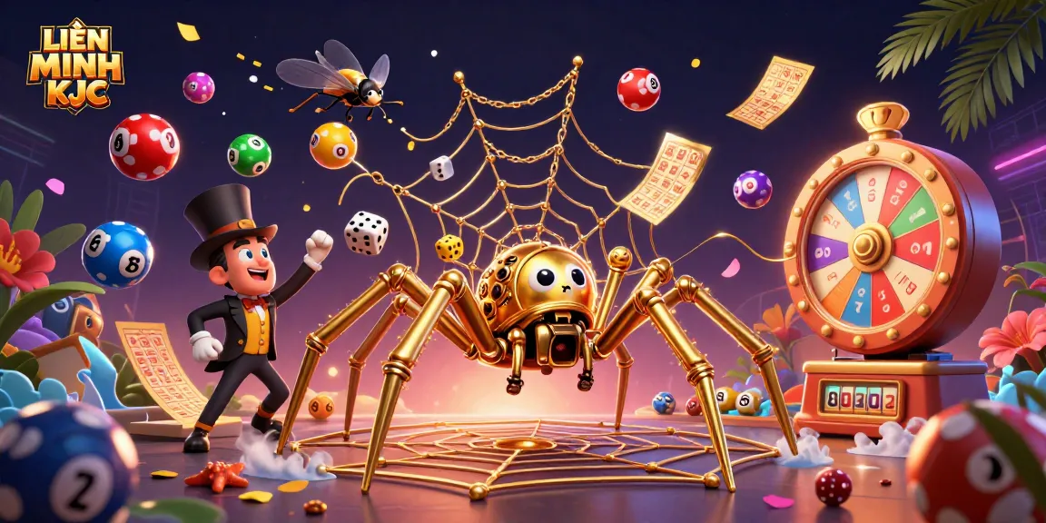 Engaging scene of LIÊN MINH KJC with a steampunk spider and humorous fly caught in a gambling-themed web.