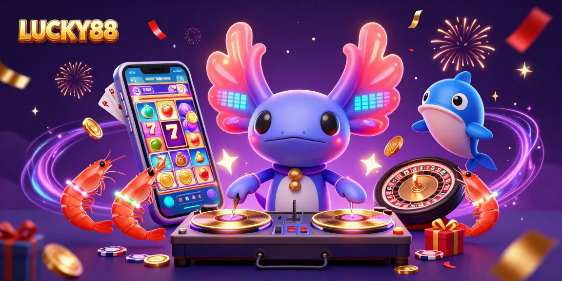 LUCKY88 comes alive with a vibrant axolotl DJ, spinning slots and coins in a festive underwater scene.